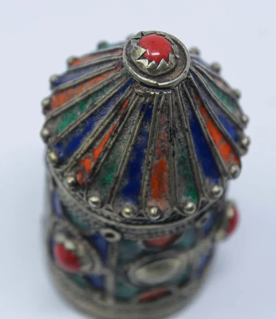 Antique Silver Enameled Kohl Container Box From Kabylie, Algeria - 4
