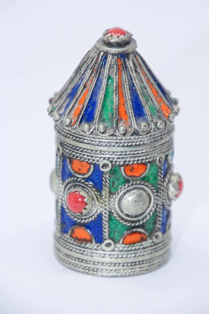 Antique Silver Enameled Kohl Container Box From Kabylie, Algeria - 9