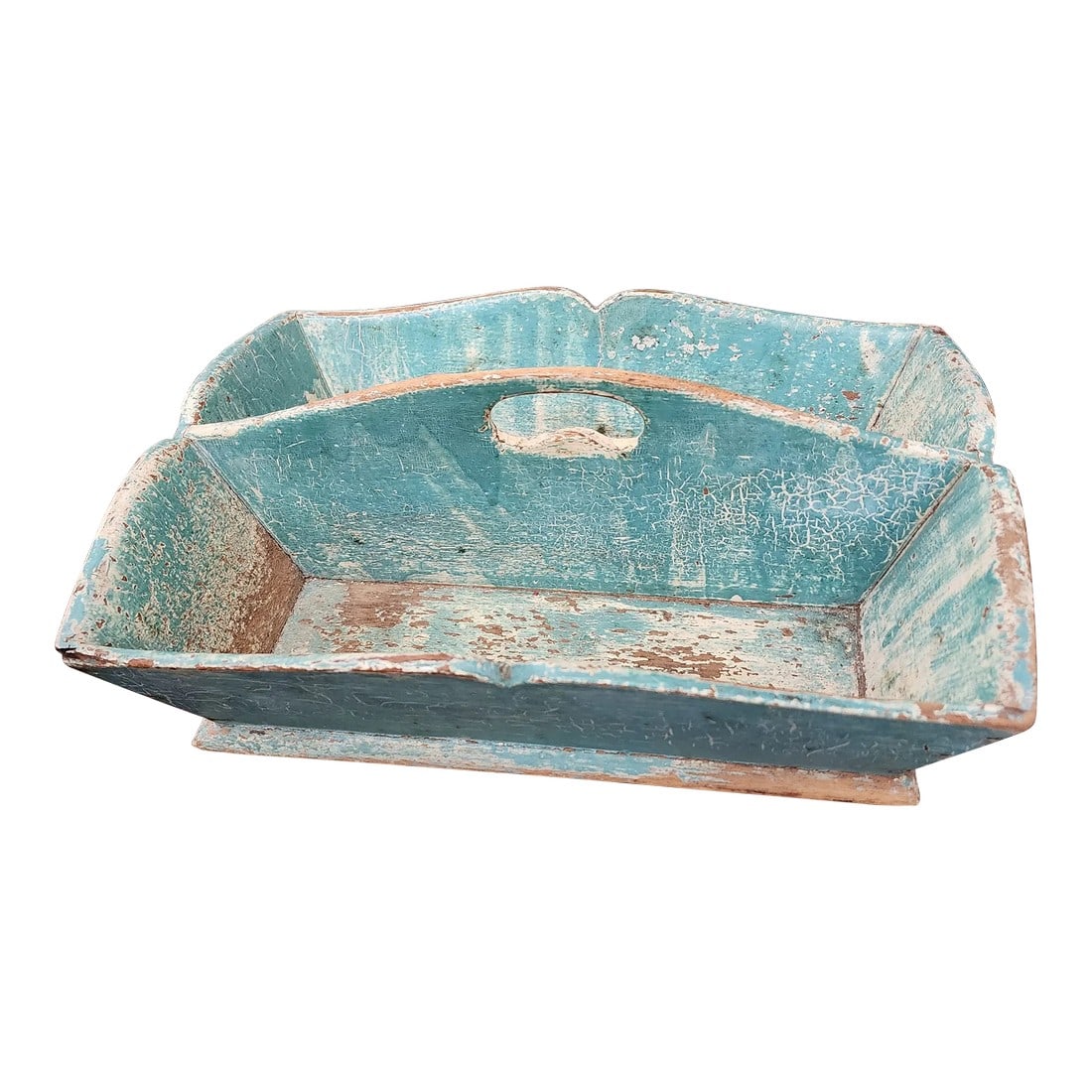 Antique Blue Painted Cutlery Caddy: Charming primitive antique cutlery caddy with cut out handle and worn blue painted finish. Condition: Alterations: Original Condition Unaltered Imperfections: Some Imperfections Condition Notes: