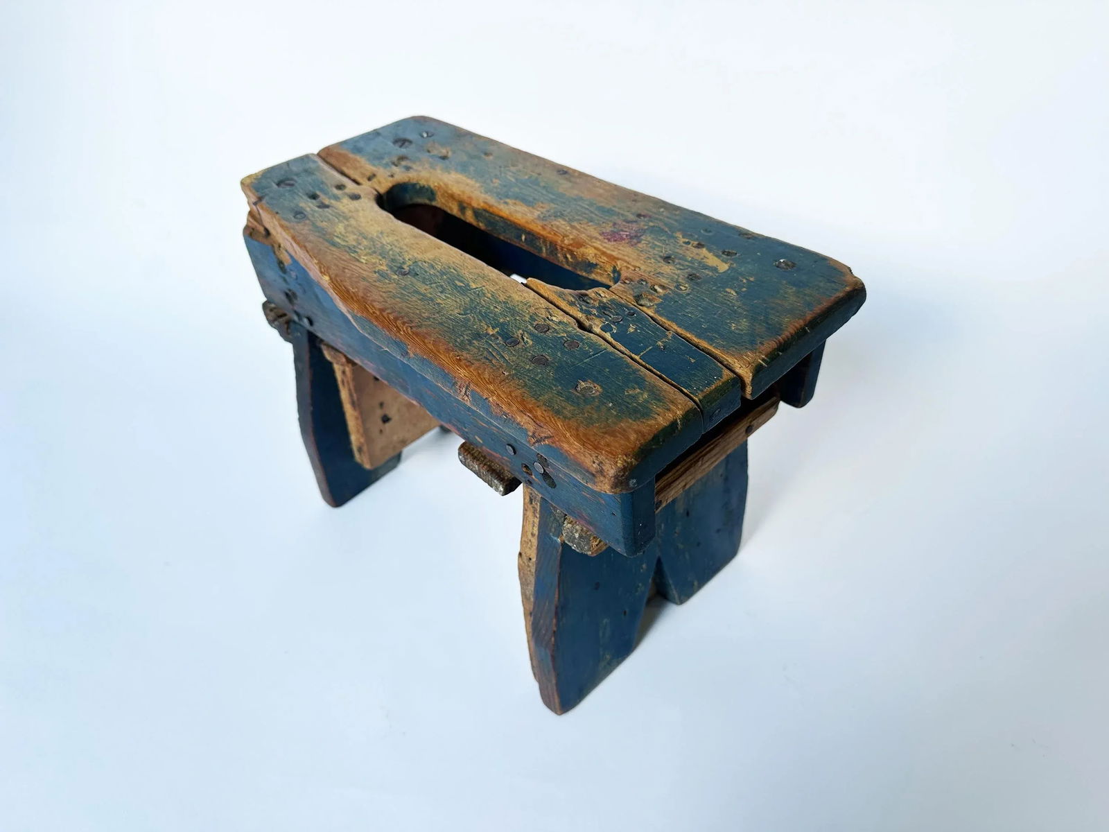 Antique Blue Primitive Milking Stool Early 20th Century - 3