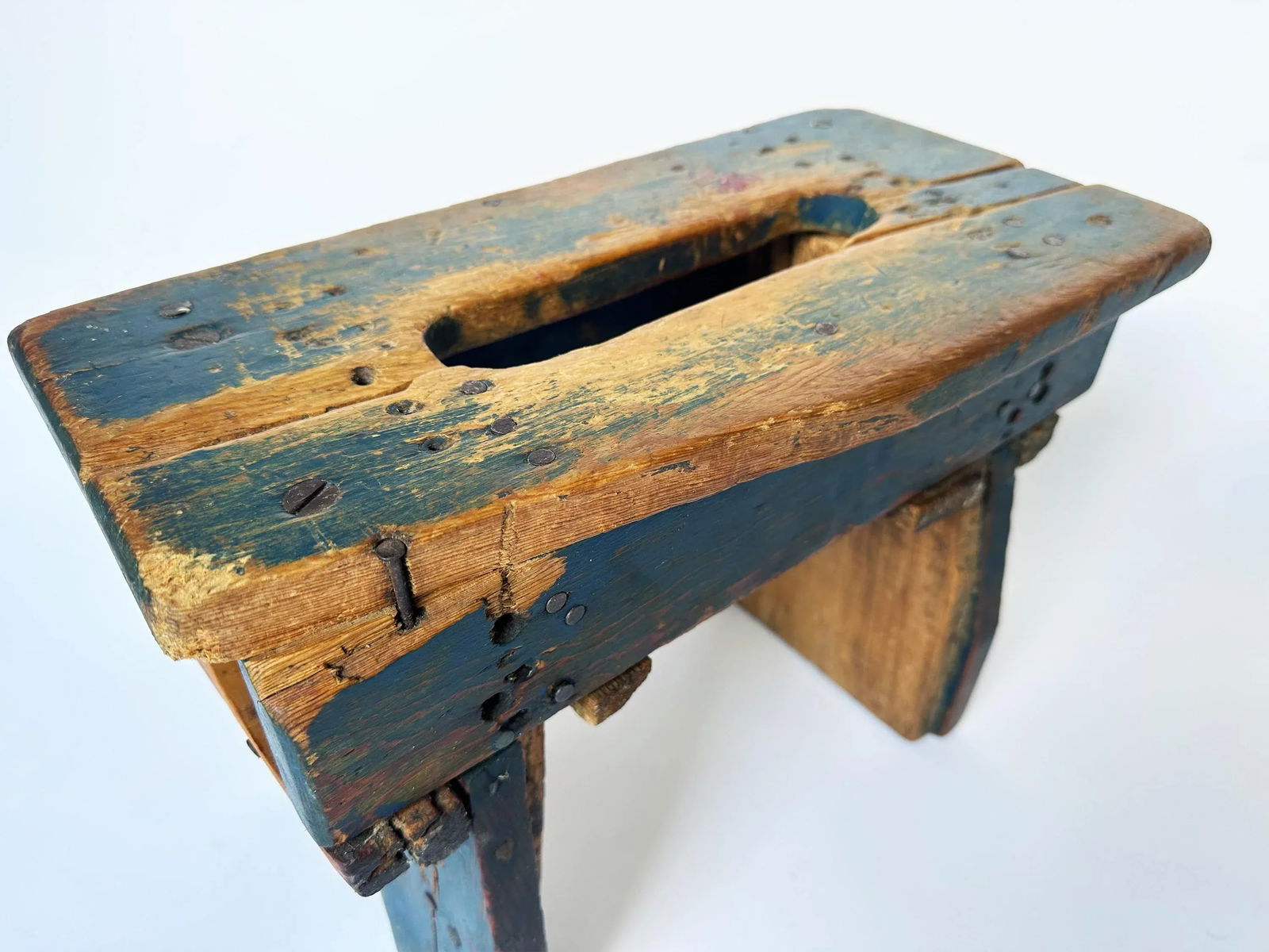 Antique Blue Primitive Milking Stool Early 20th Century - 5