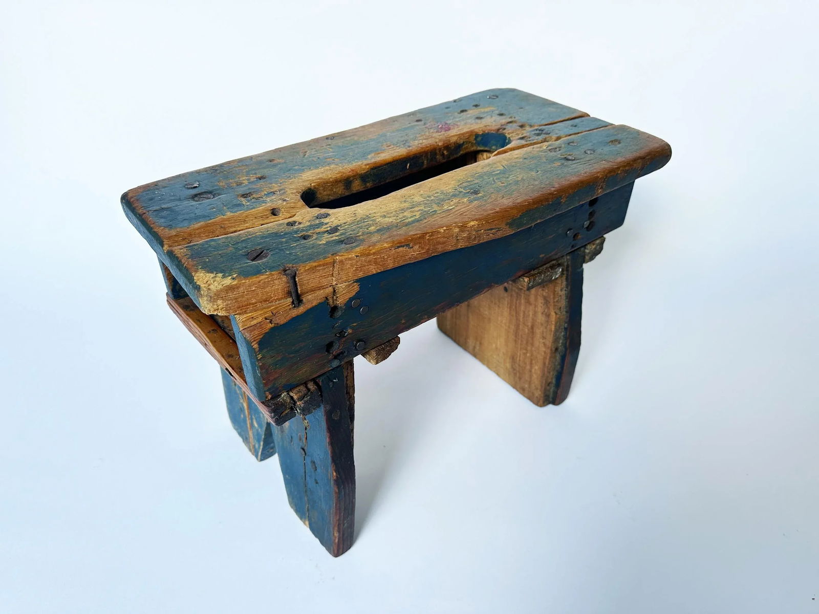 Antique Blue Primitive Milking Stool Early 20th Century - 6