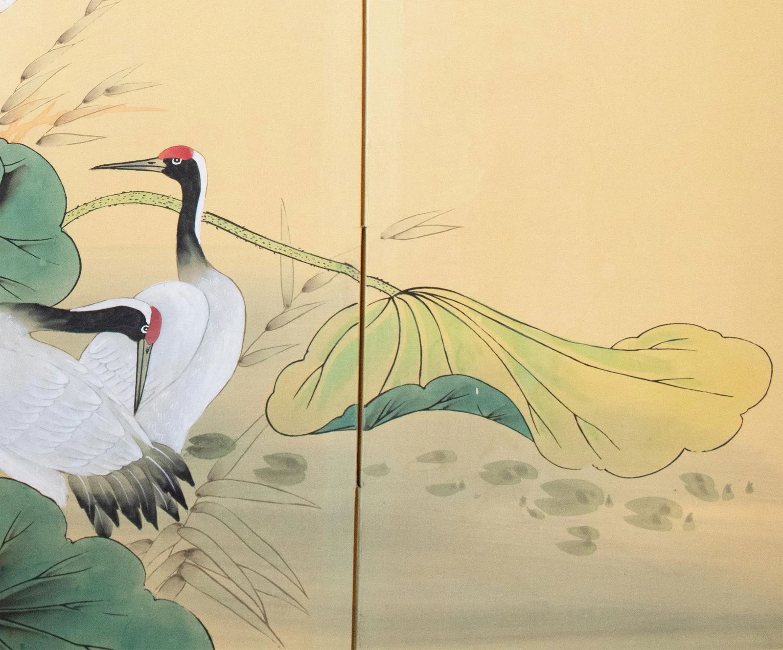 C. 1970s Asian Painted Silk Screen "Red-Crowned Cranes and Lotus" - 10