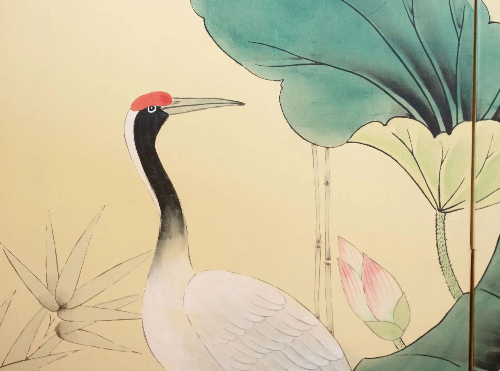 C. 1970s Asian Painted Silk Screen "Red-Crowned Cranes and Lotus" - 11
