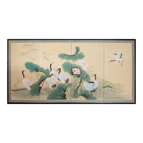 C. 1970s Asian Painted Silk Screen "Red-Crowned Cranes and Lotus"