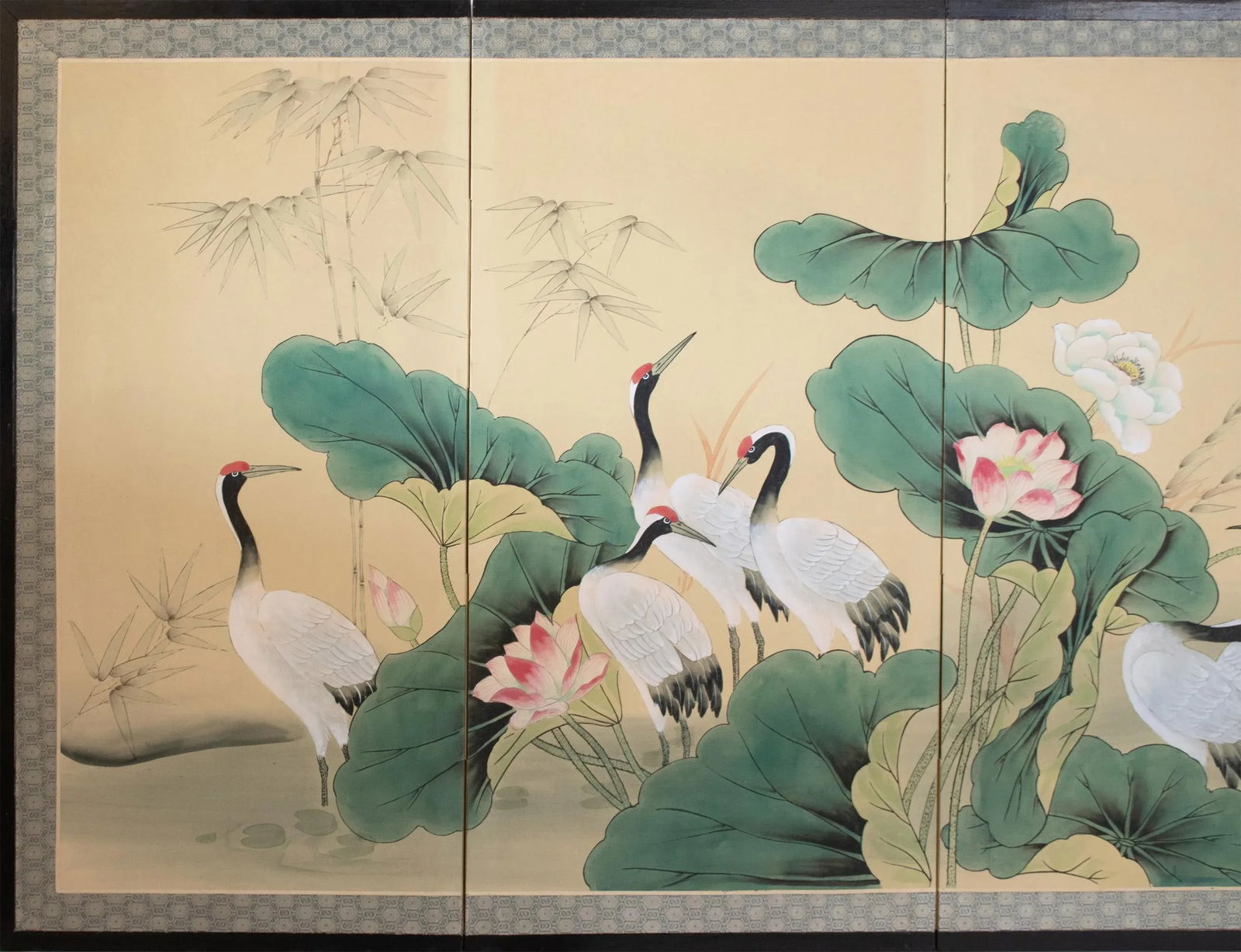 C. 1970s Asian Painted Silk Screen "Red-Crowned Cranes and Lotus" - 2
