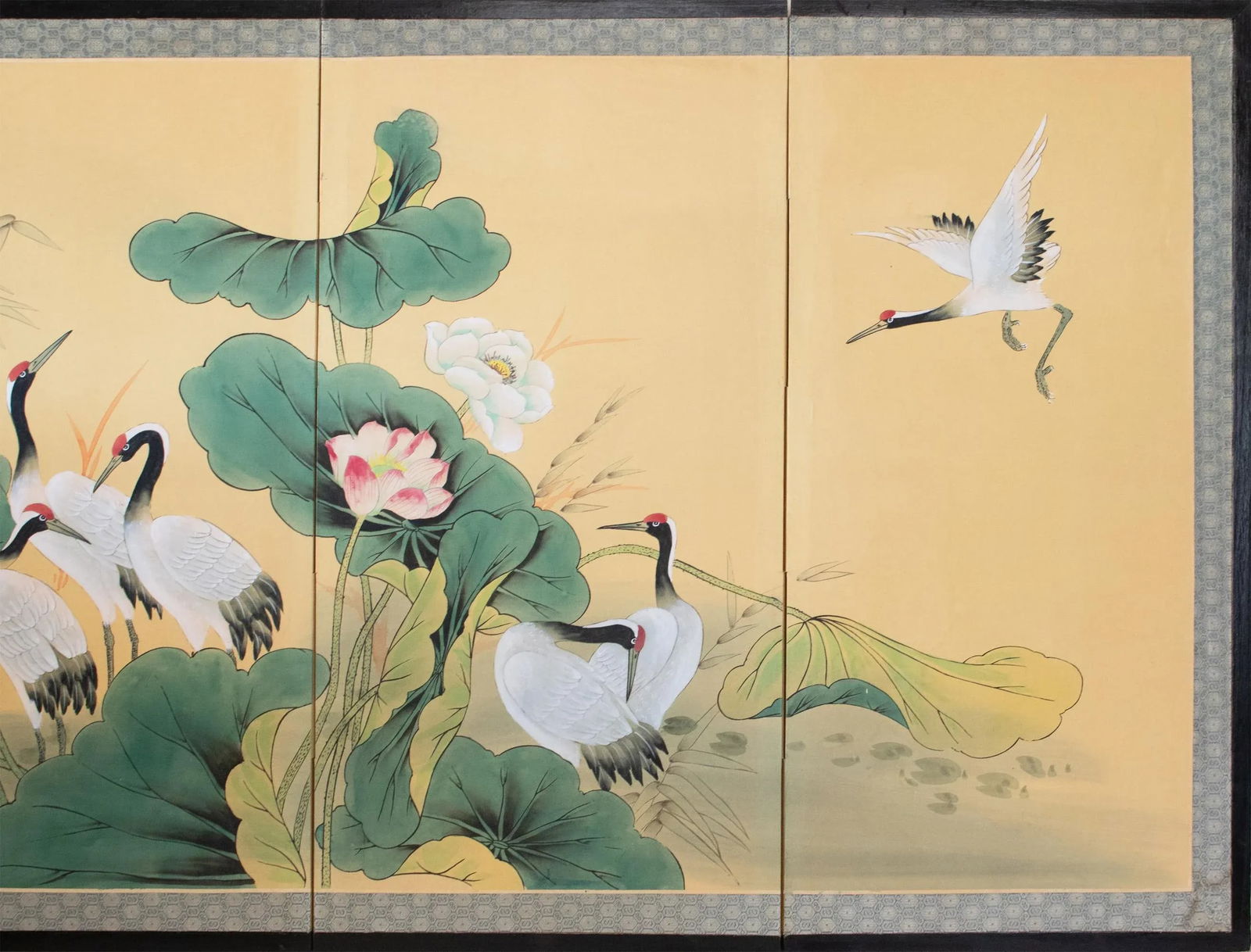 C. 1970s Asian Painted Silk Screen "Red-Crowned Cranes and Lotus" - 3