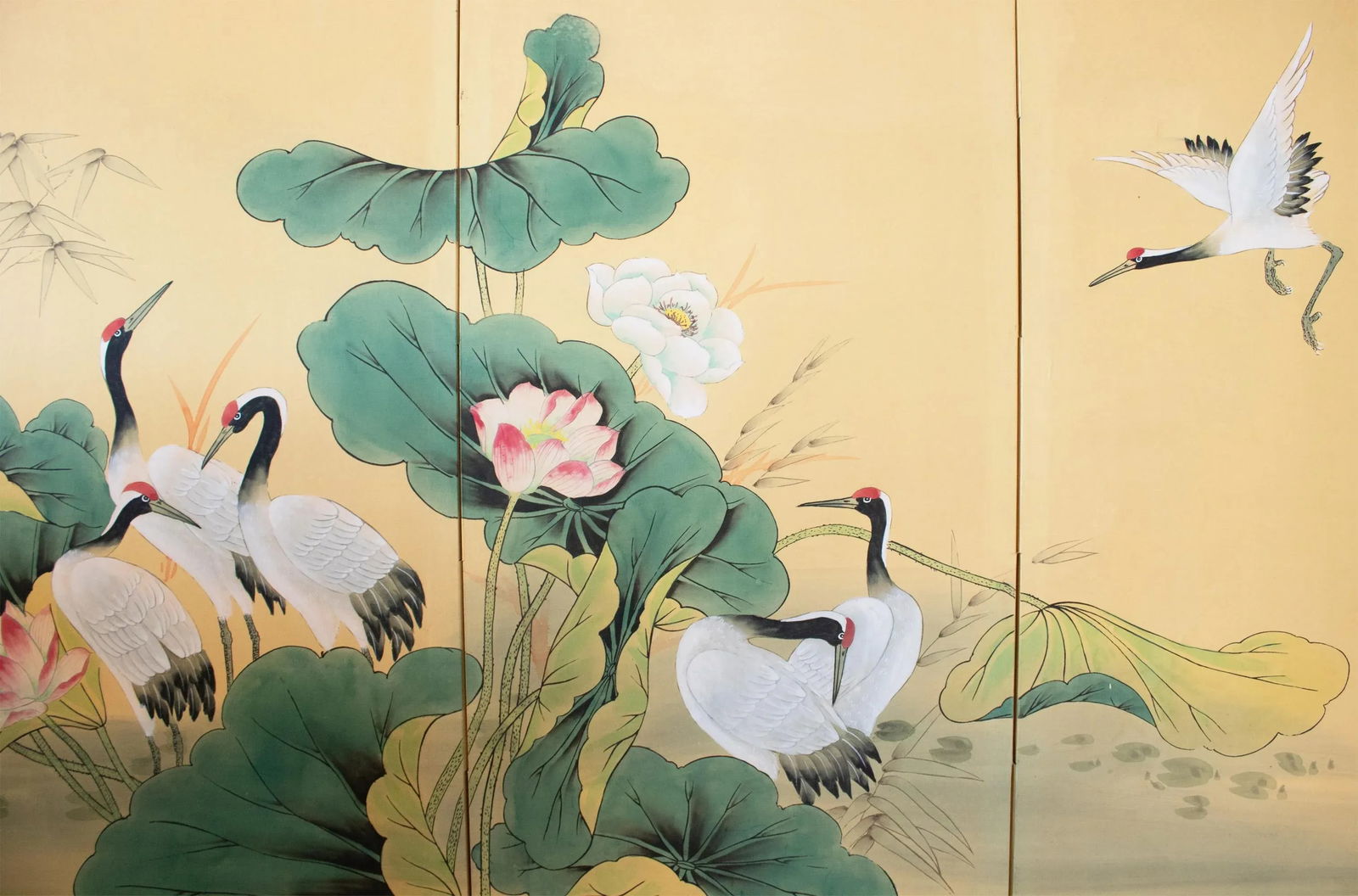 C. 1970s Asian Painted Silk Screen "Red-Crowned Cranes and Lotus" - 4