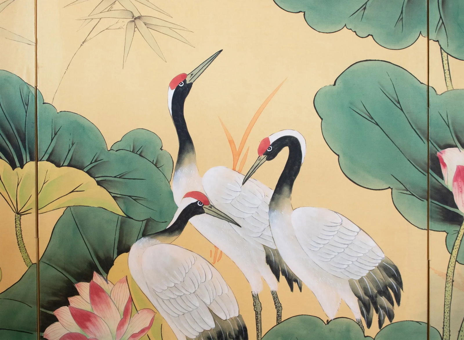 C. 1970s Asian Painted Silk Screen "Red-Crowned Cranes and Lotus" - 5