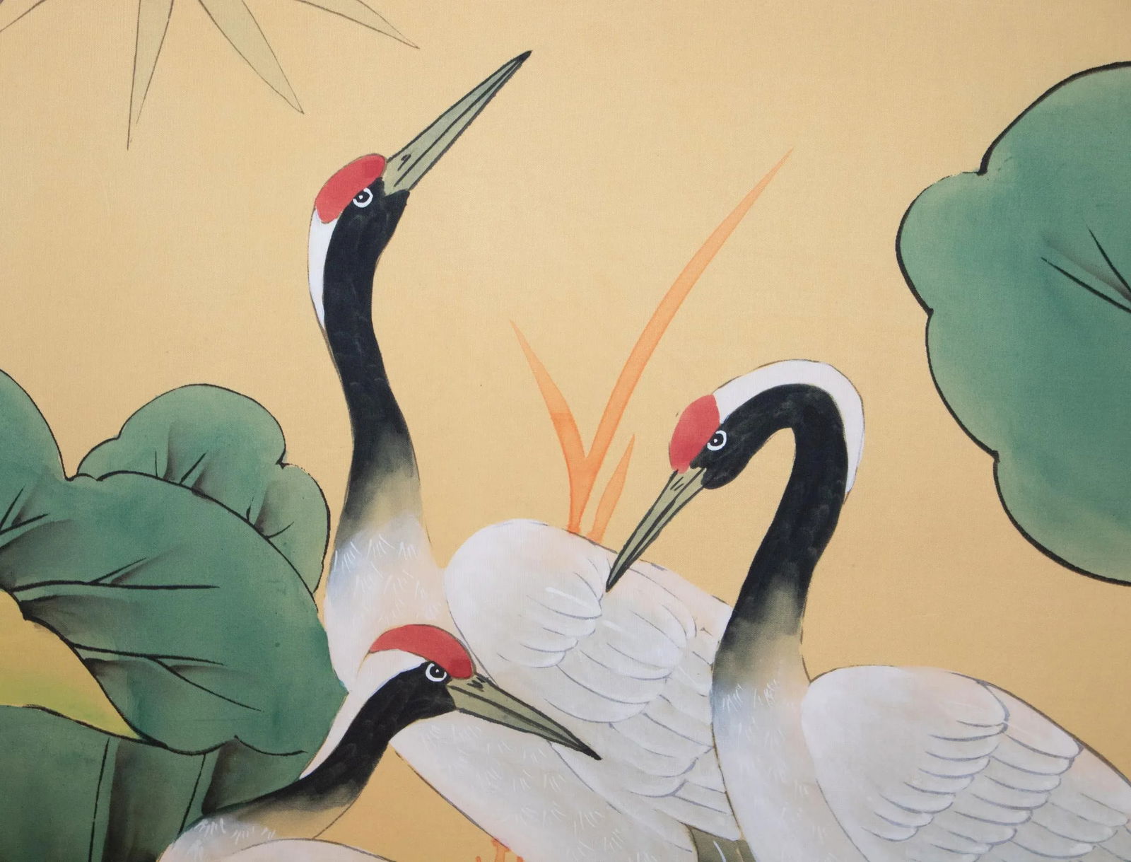 C. 1970s Asian Painted Silk Screen "Red-Crowned Cranes and Lotus" - 6
