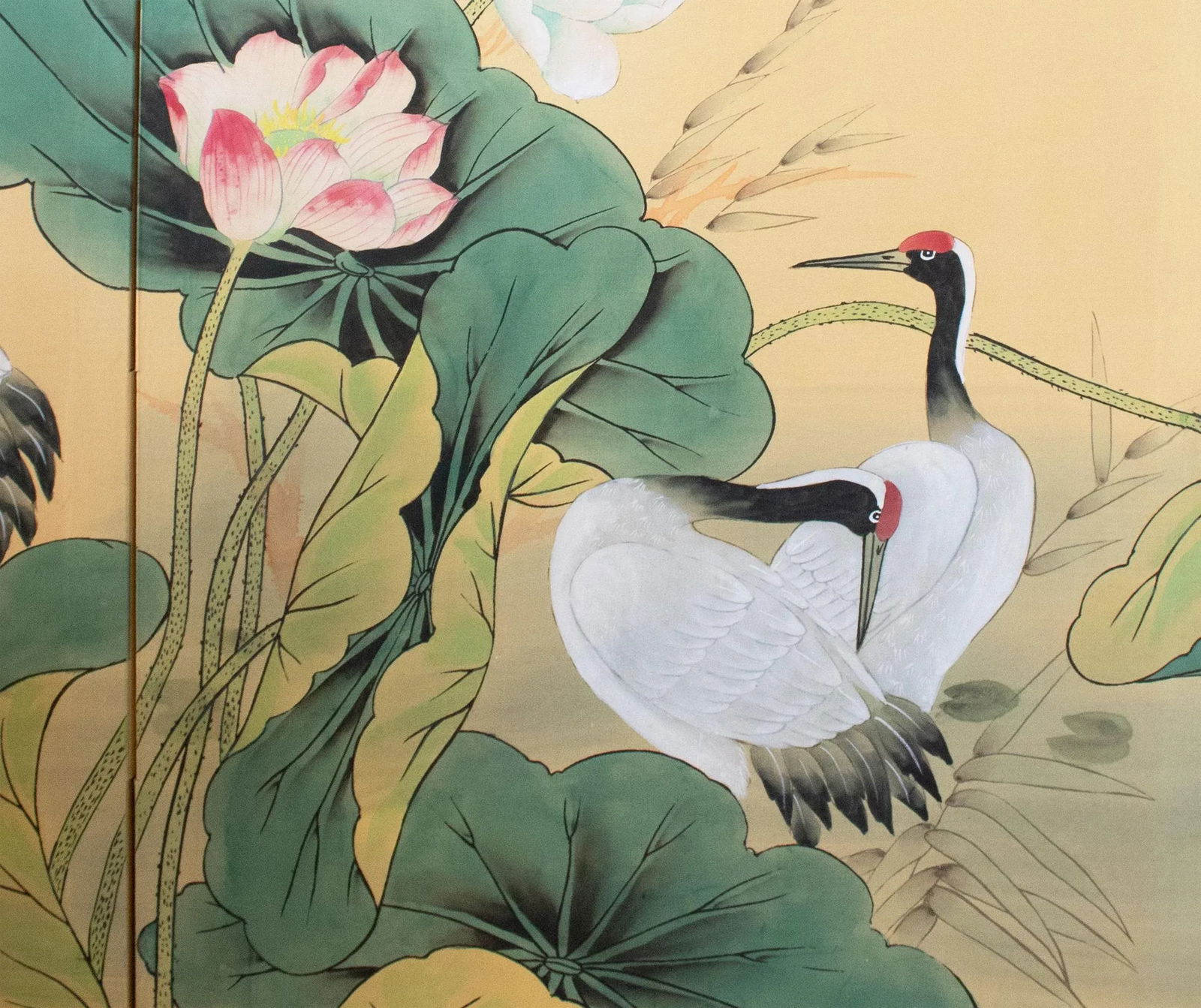 C. 1970s Asian Painted Silk Screen "Red-Crowned Cranes and Lotus" - 7