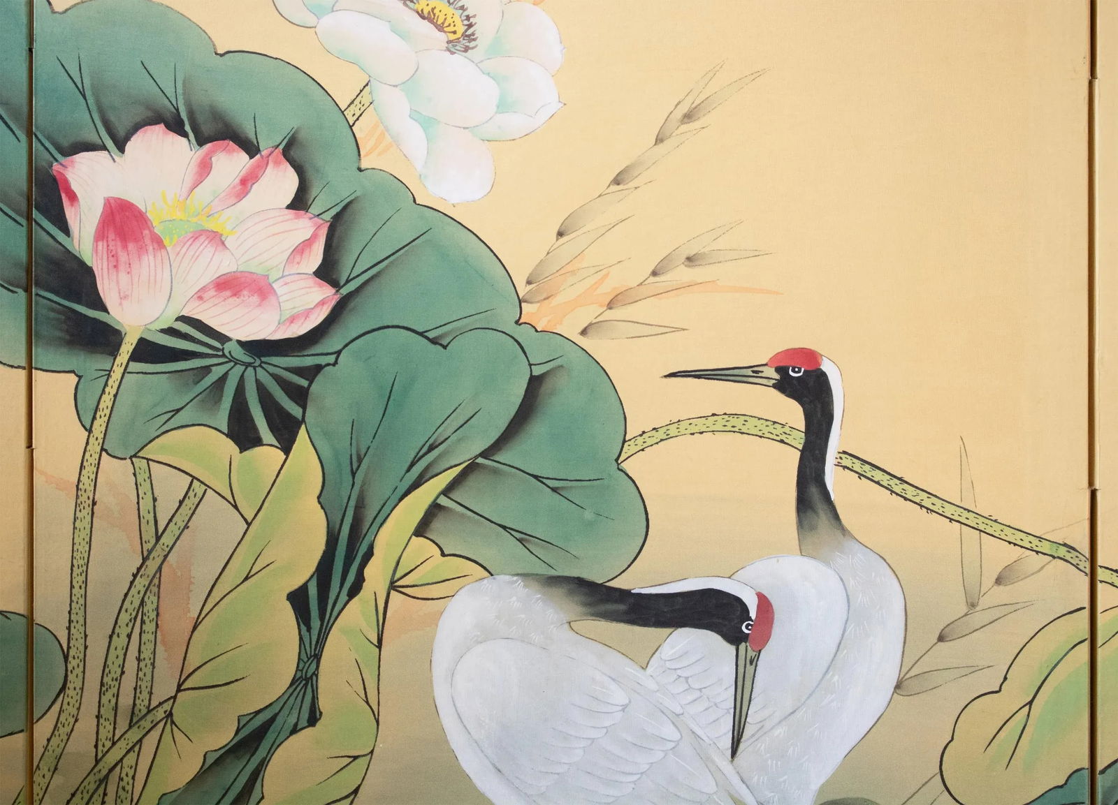 C. 1970s Asian Painted Silk Screen "Red-Crowned Cranes and Lotus" - 8