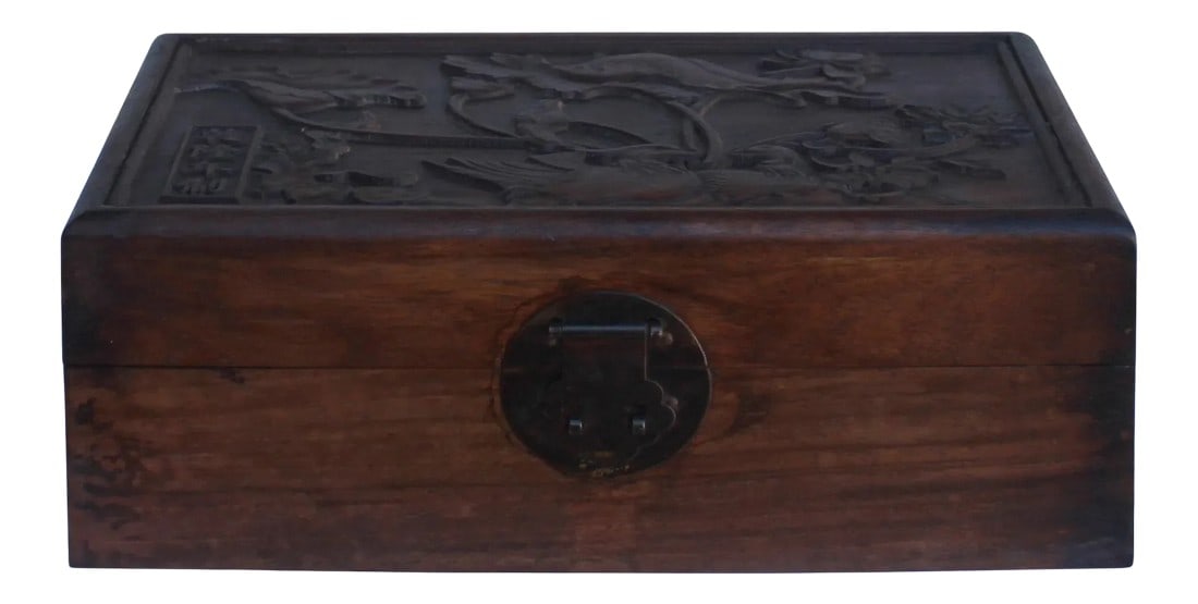 Chinese Brown Dimensional Relief Flower Motif Rectangular Storage Box Chest: This is a vintage finish rectangular wood box with a lid. The top is a dimensional lotus flower relief motif. It has worn out patina and wood crack marks Dimensions: w10.25"x 5.5"x h3.75",