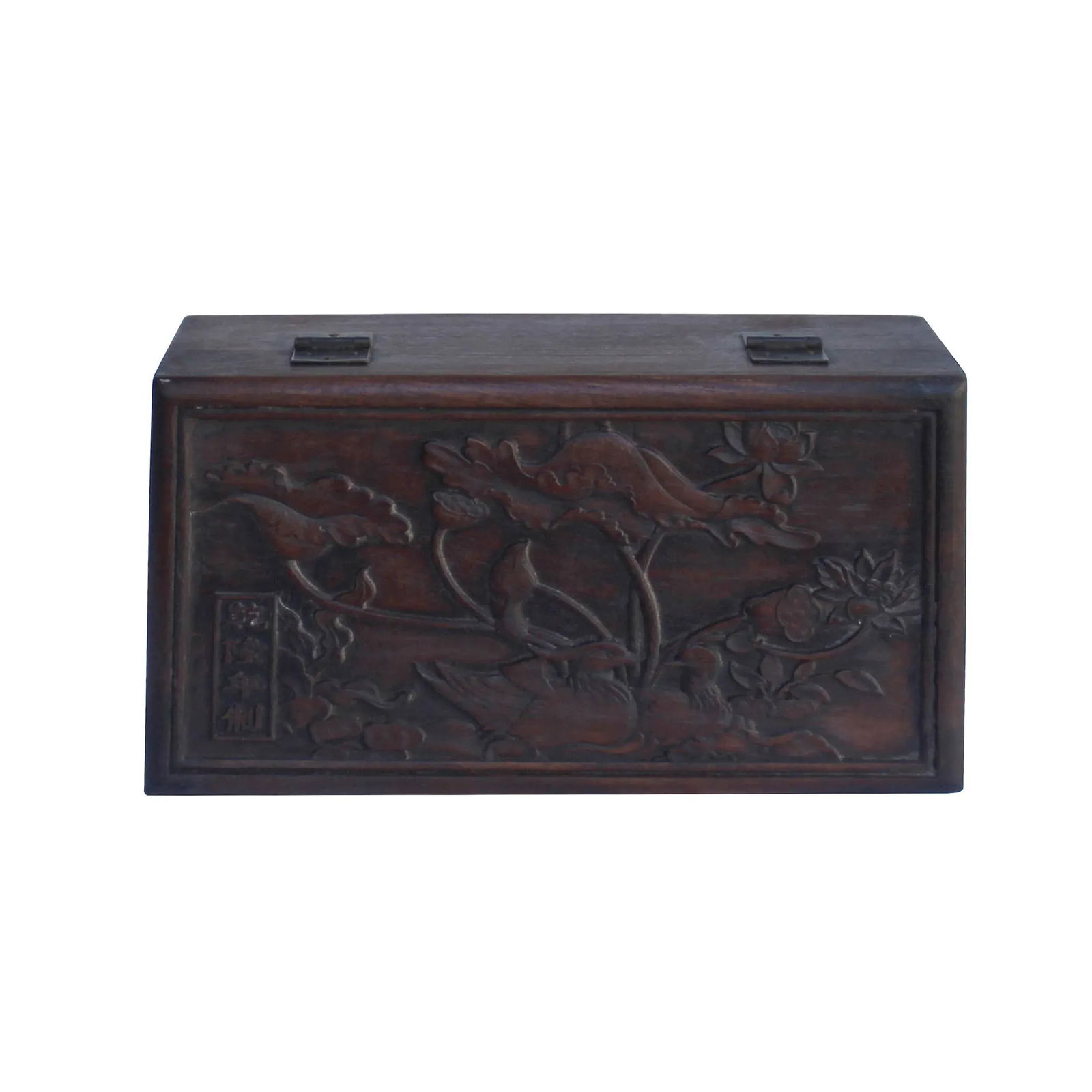 Chinese Brown Dimensional Relief Flower Motif Rectangular Storage Box Chest - 2