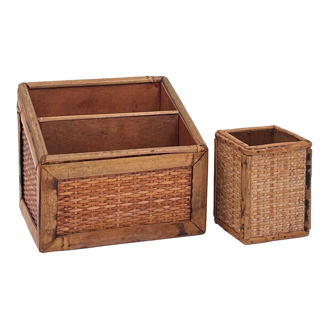 Vintage Boho Chic Bamboo and Cane Desk Set - Letter Holder and Pencil Cup: This vintage Boho Chic desk accessory set features a tortoiseshell bamboo and cane-wrapped design. The set includes two pieces: a pencil cup and a letter holder, which can also serve as lovely