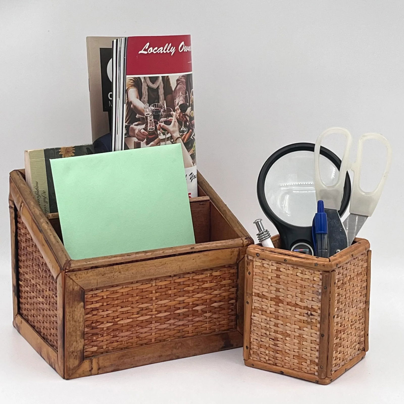 Vintage Boho Chic Bamboo and Cane Desk Set - Letter Holder and Pencil Cup - 2