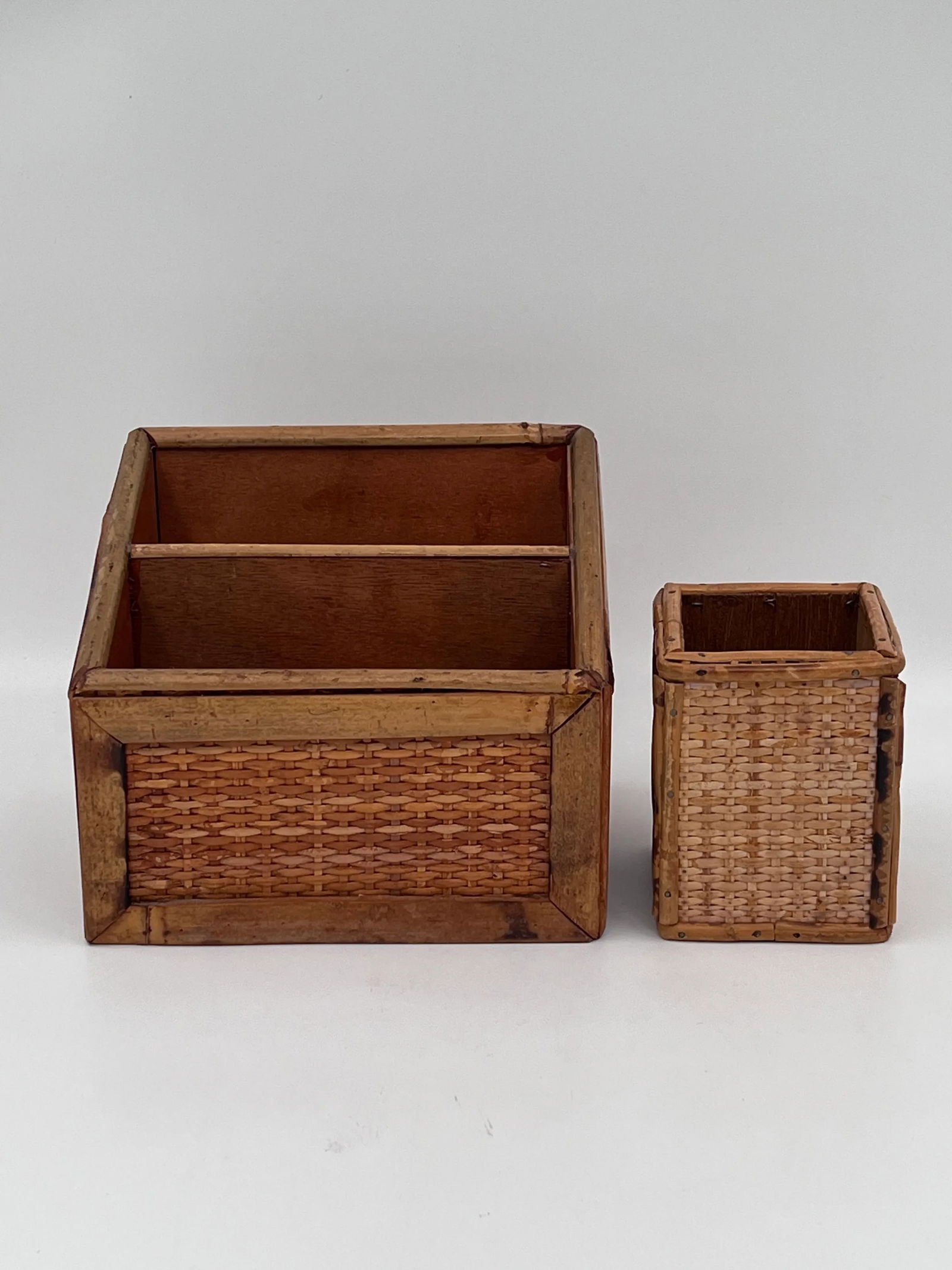 Vintage Boho Chic Bamboo and Cane Desk Set - Letter Holder and Pencil Cup - 3