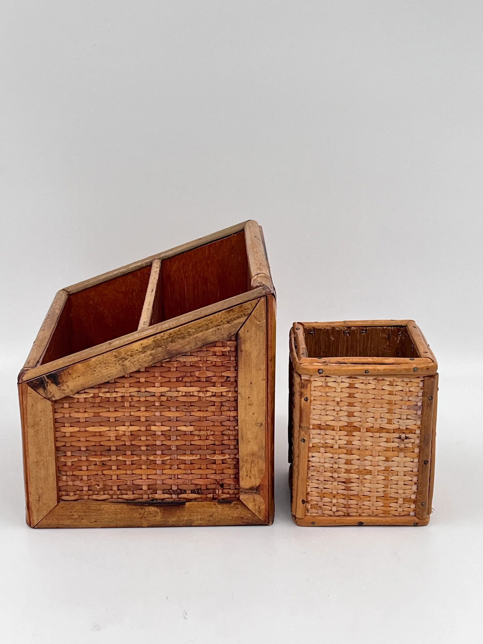 Vintage Boho Chic Bamboo and Cane Desk Set - Letter Holder and Pencil Cup - 4