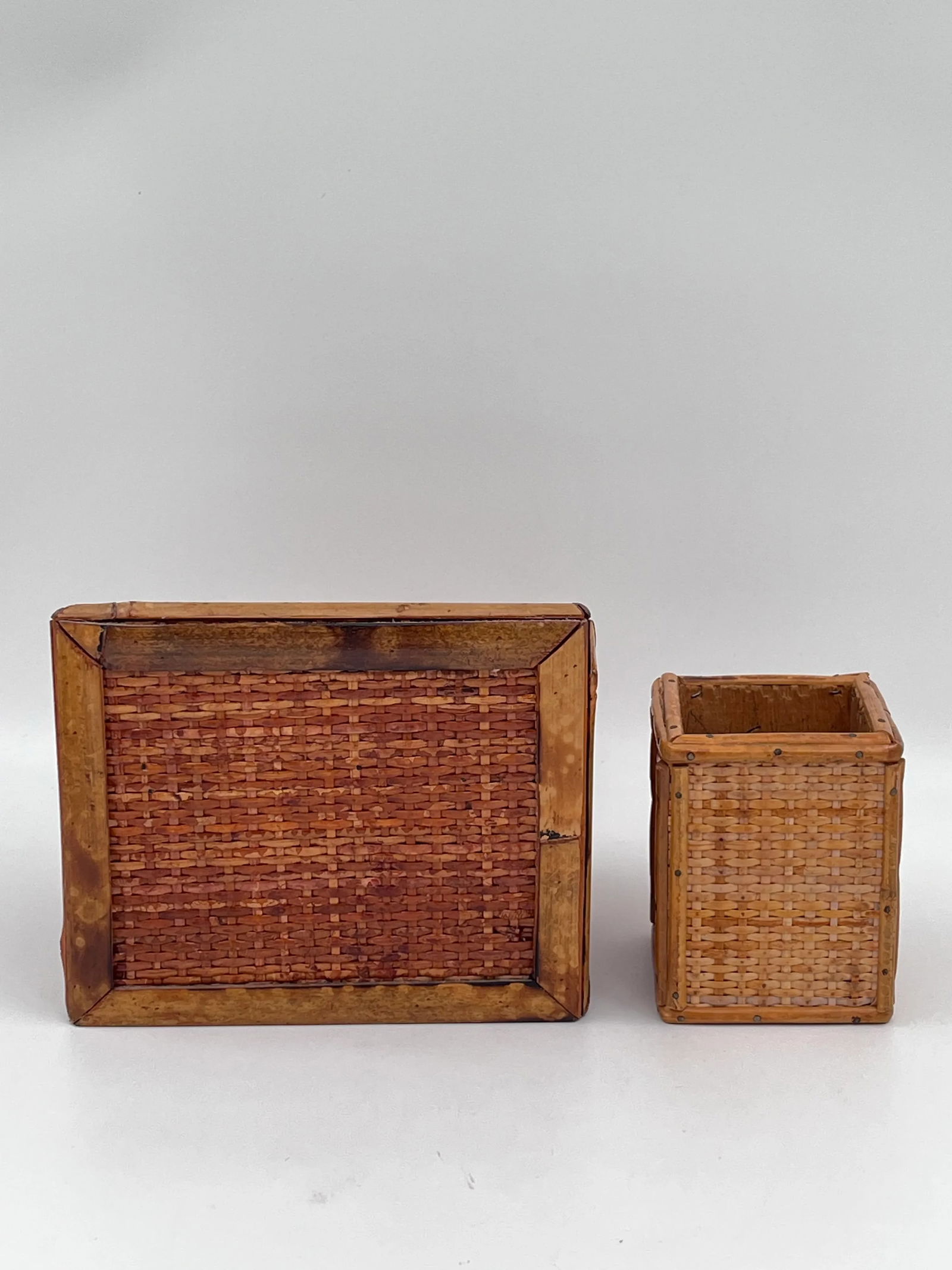 Vintage Boho Chic Bamboo and Cane Desk Set - Letter Holder and Pencil Cup - 5