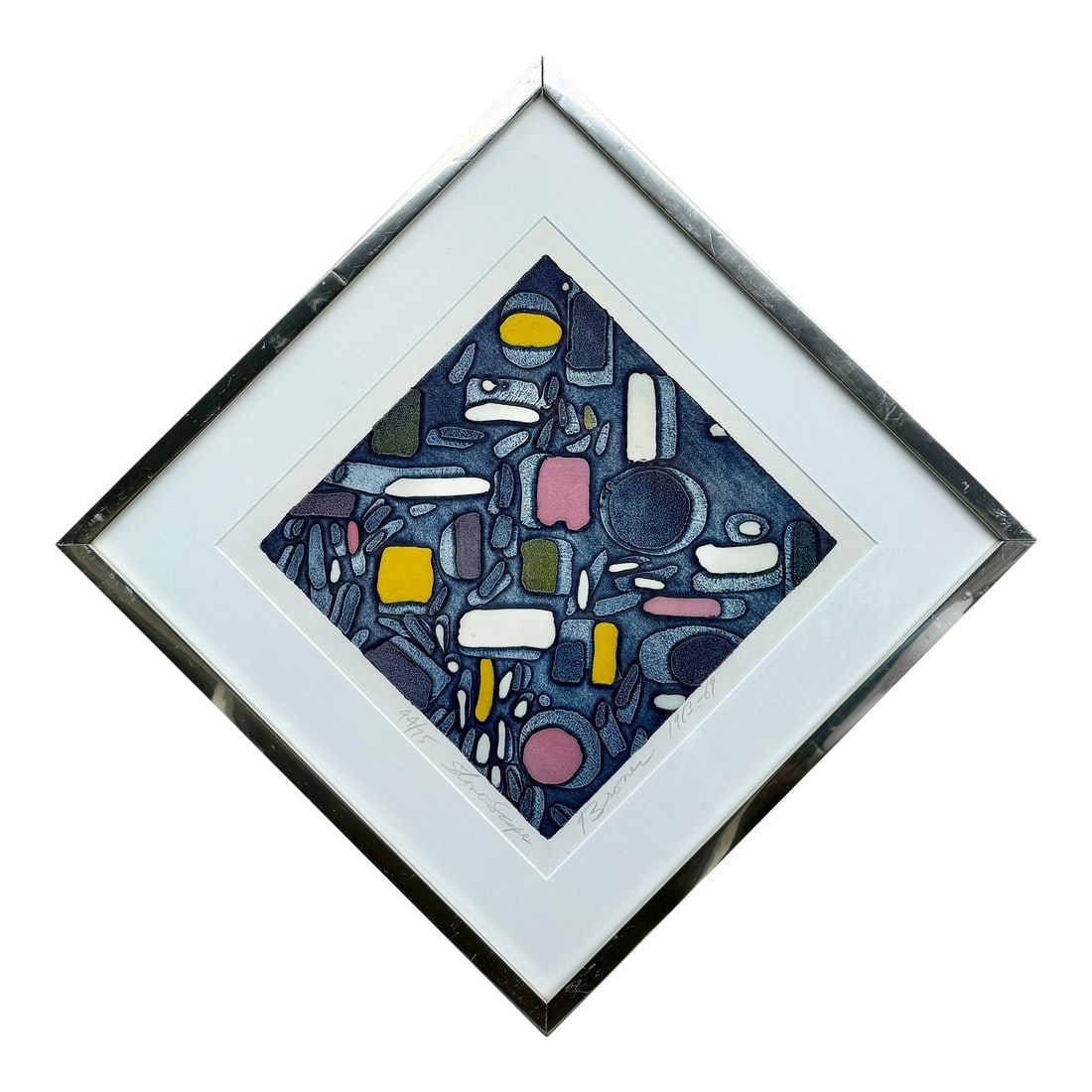 Color Intaglio Print "Stone Scape" by Robert Broner 1963-69: Interesting intaglio print titled "Stone Scape" and numbered 44/75 by R. Broner 1963-69. The Artist proof is exposed in the Chazen Musuem of Art in Madison, WI. Chrome metal frame shows some