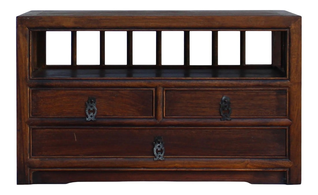 Chinese Brown Wood Rectangular Table Top Stand Display Easel Chest: This is a handmade Chinese accent decorative display stand chest made of wood with small drawers. Dimensions: w19.75" x d10.25" x h12" Origin: China Material: Wood Condition: Handmade,