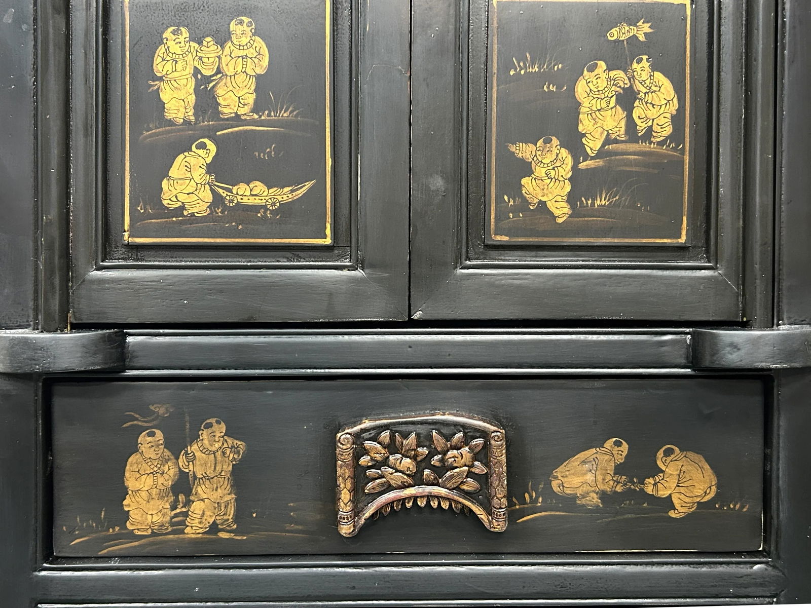 Vintage Chinese Black Opening Vase Flower Carving Slim Storage Cabinet - 10