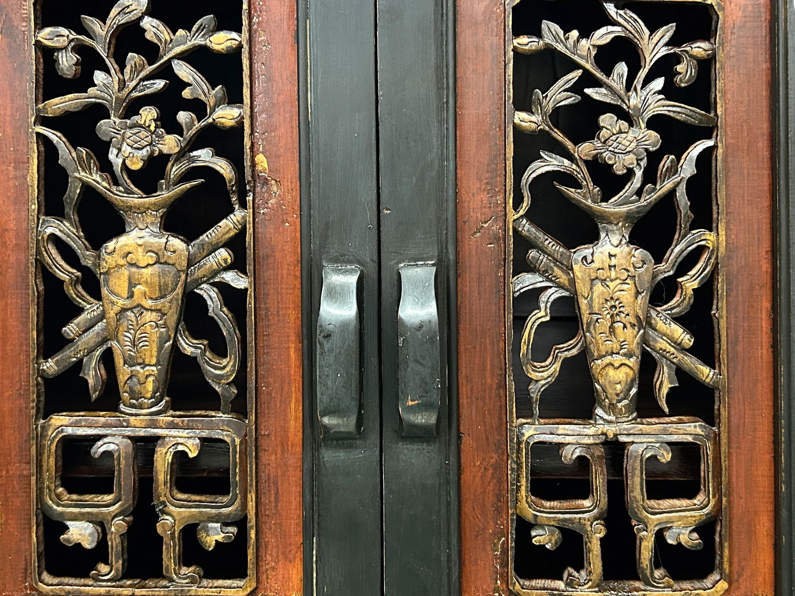 Vintage Chinese Black Opening Vase Flower Carving Slim Storage Cabinet - 11