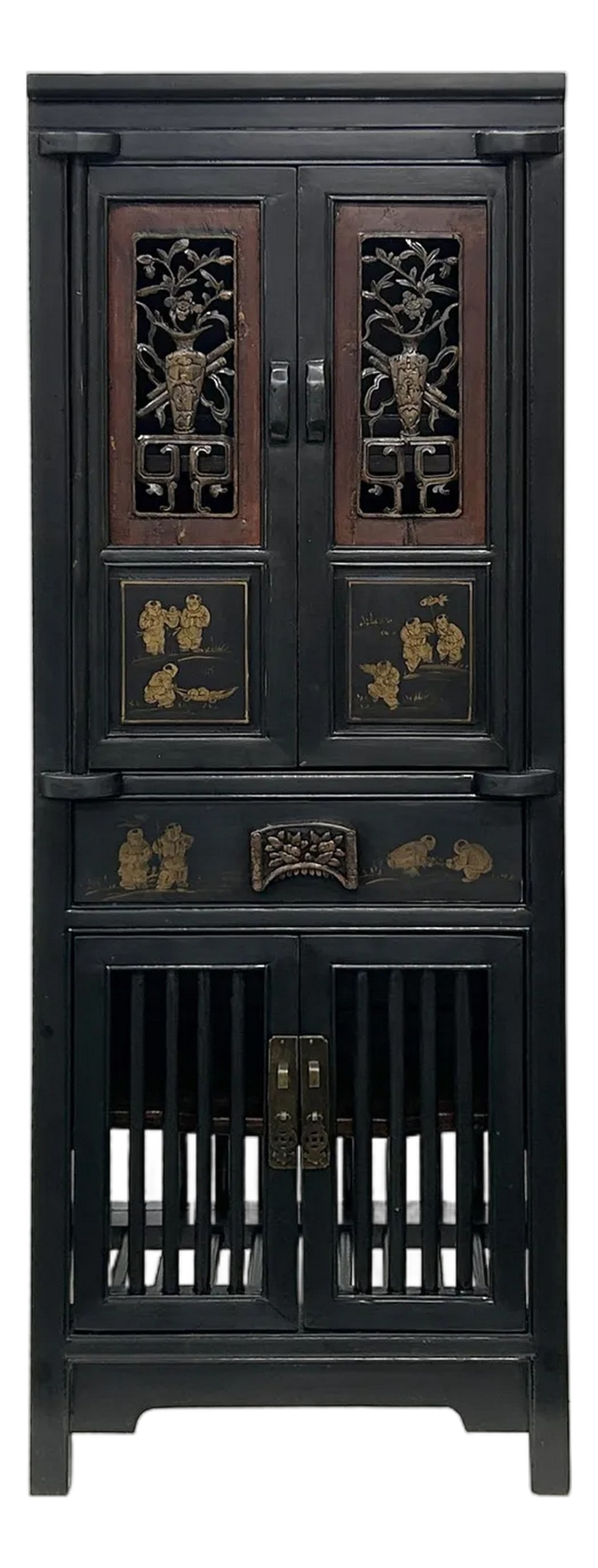 Vintage Chinese Black Opening Vase Flower Carving Slim Storage Cabinet: This striking Chinese black lacquer cabinet is a testament to traditional craftsmanship. Handcrafted with intricate details, it features a rich black finish that provides a dramatic contrast to the