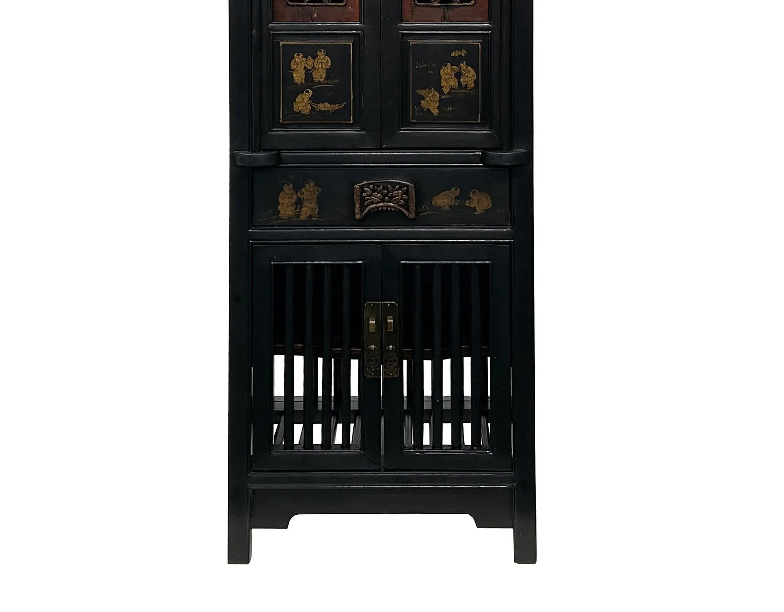 Vintage Chinese Black Opening Vase Flower Carving Slim Storage Cabinet - 2