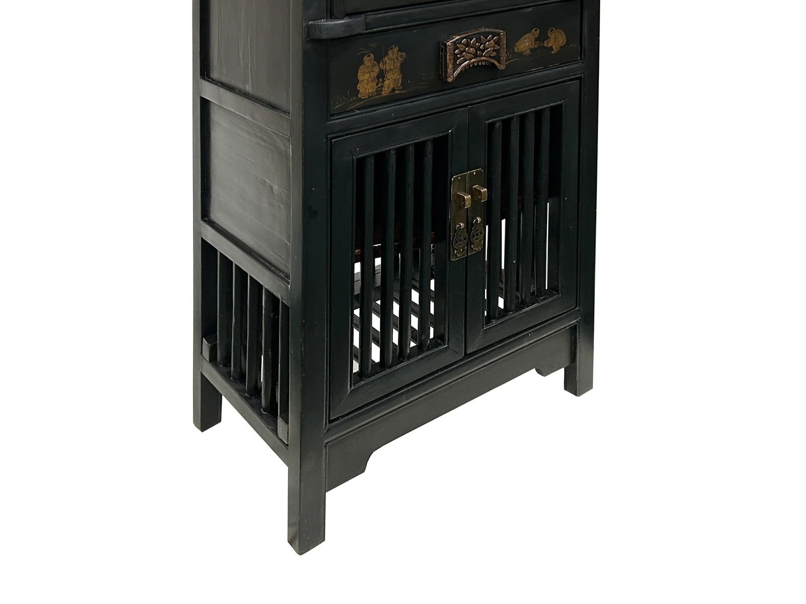 Vintage Chinese Black Opening Vase Flower Carving Slim Storage Cabinet - 3