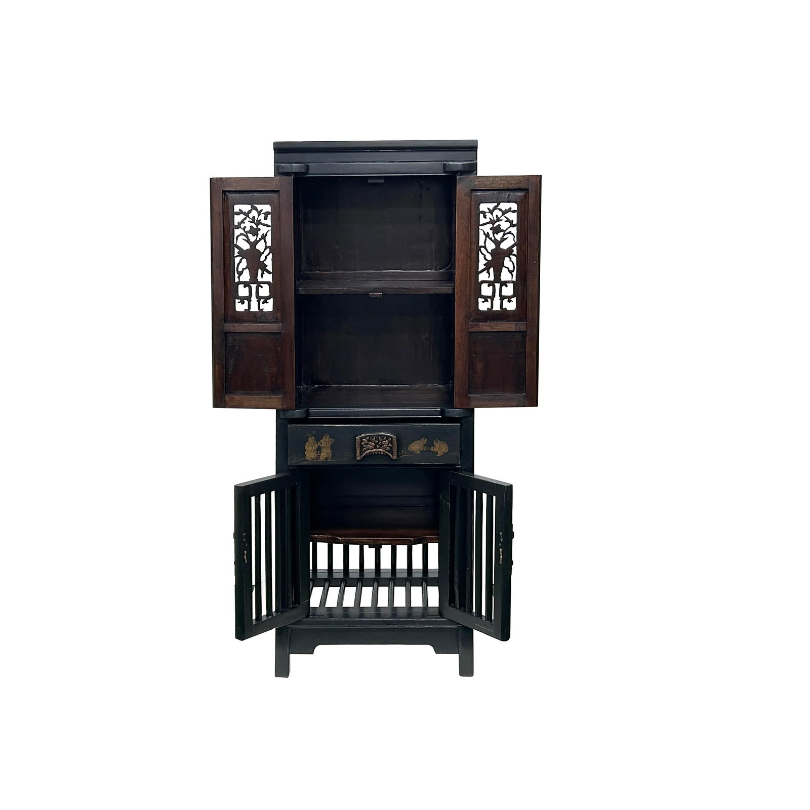 Vintage Chinese Black Opening Vase Flower Carving Slim Storage Cabinet - 5