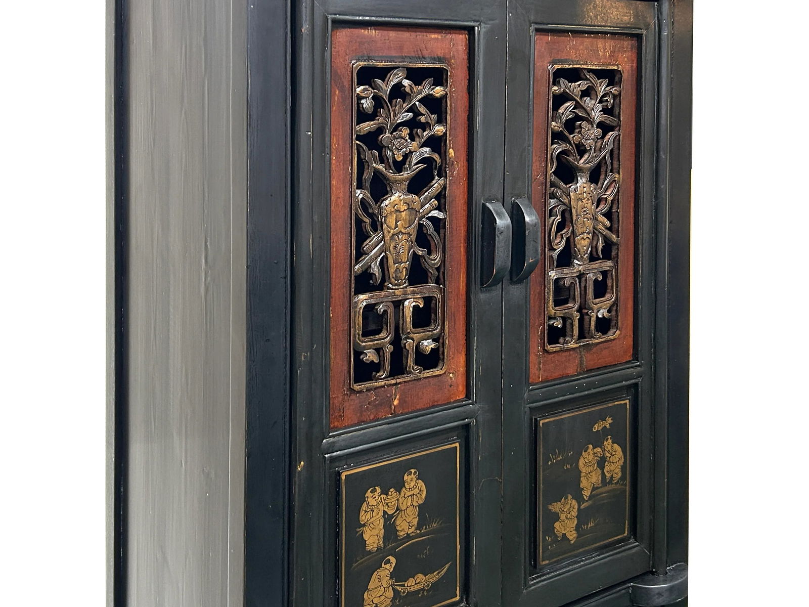 Vintage Chinese Black Opening Vase Flower Carving Slim Storage Cabinet - 6