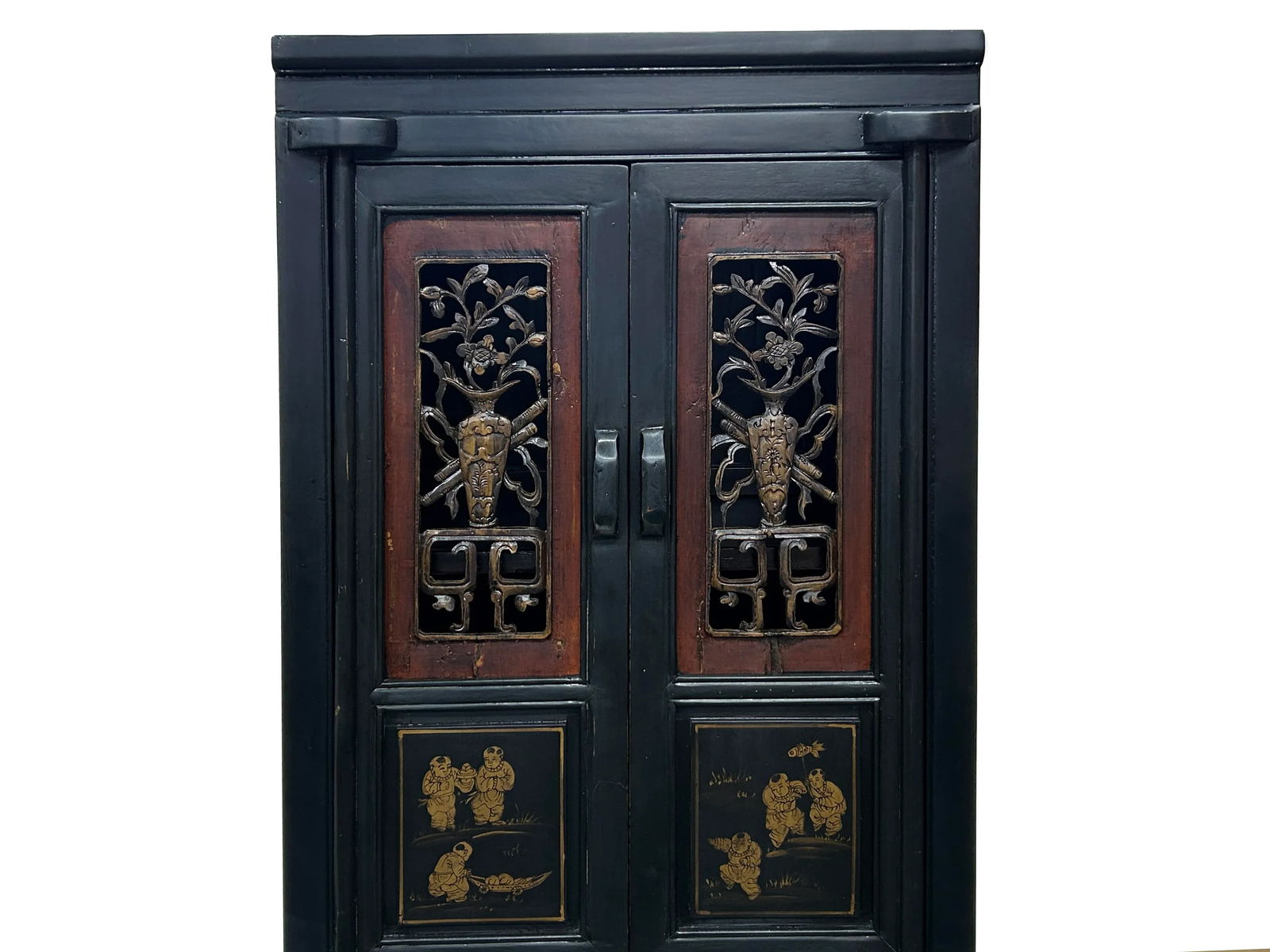 Vintage Chinese Black Opening Vase Flower Carving Slim Storage Cabinet - 8