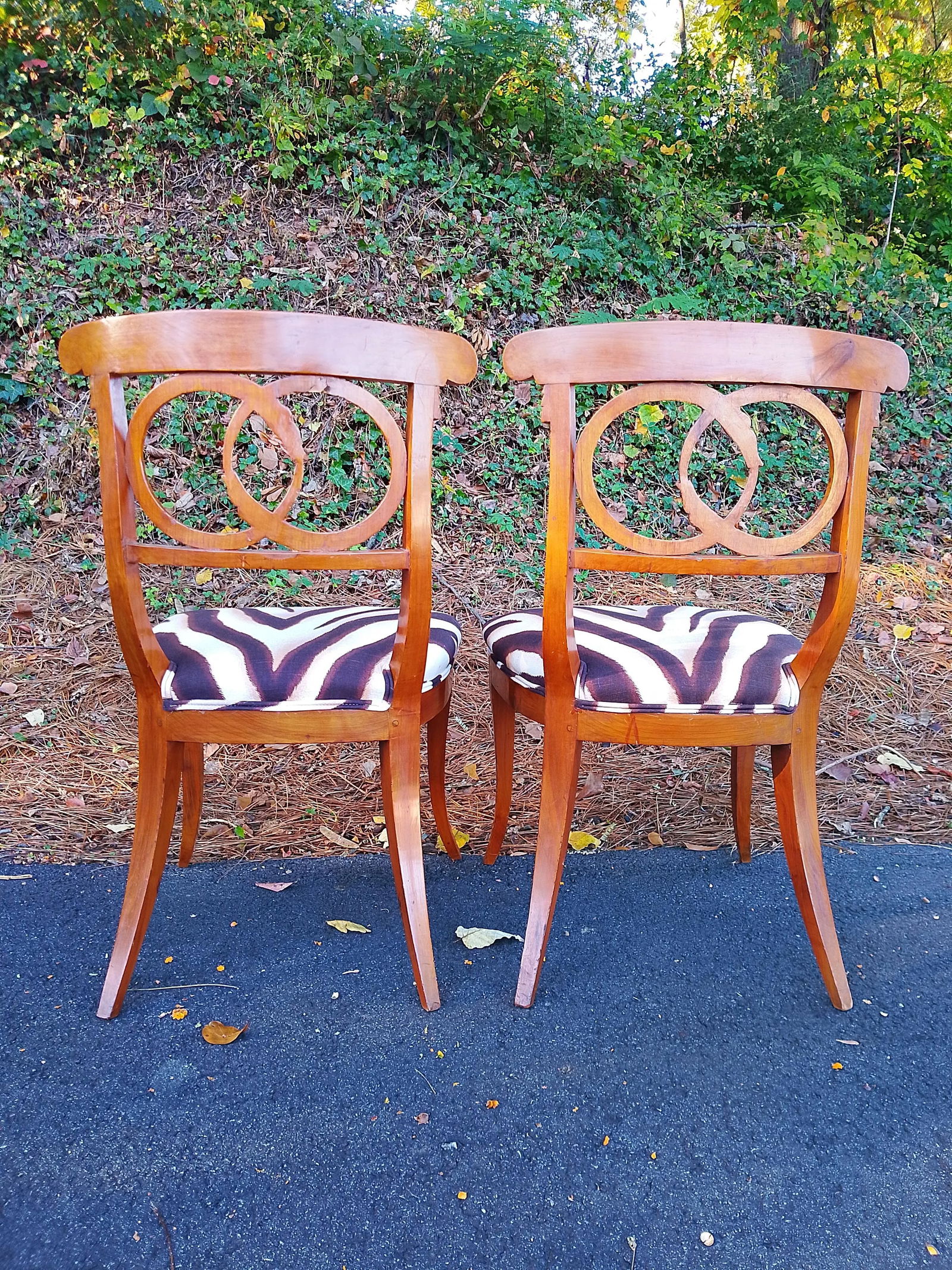 Pair of Mid 20th Century Curved Snake Walnut Regency Chairs in Ralph Lauren Zebra: A striking pair of vintage Regency-inspired side chairs featuring hand-carved scroll backs and gracefully curved saber legs. Each has golden painted circular snake detail. The seats have been newly
