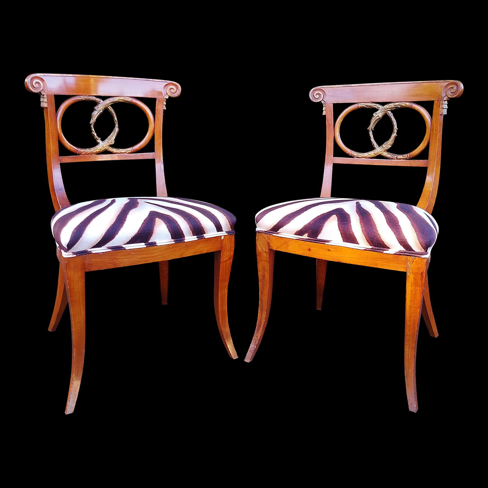 Pair of Mid 20th Century Curved Snake Walnut Regency Chairs in Ralph Lauren Zebra - 3