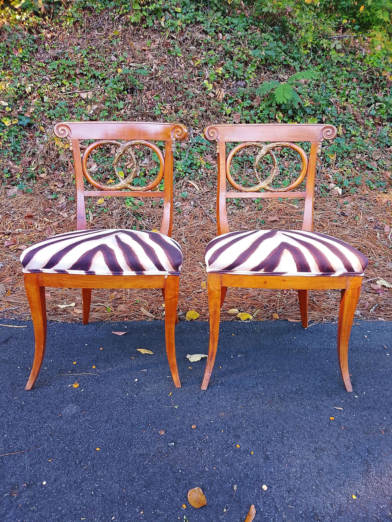 Pair of Mid 20th Century Curved Snake Walnut Regency Chairs in Ralph Lauren Zebra - 4