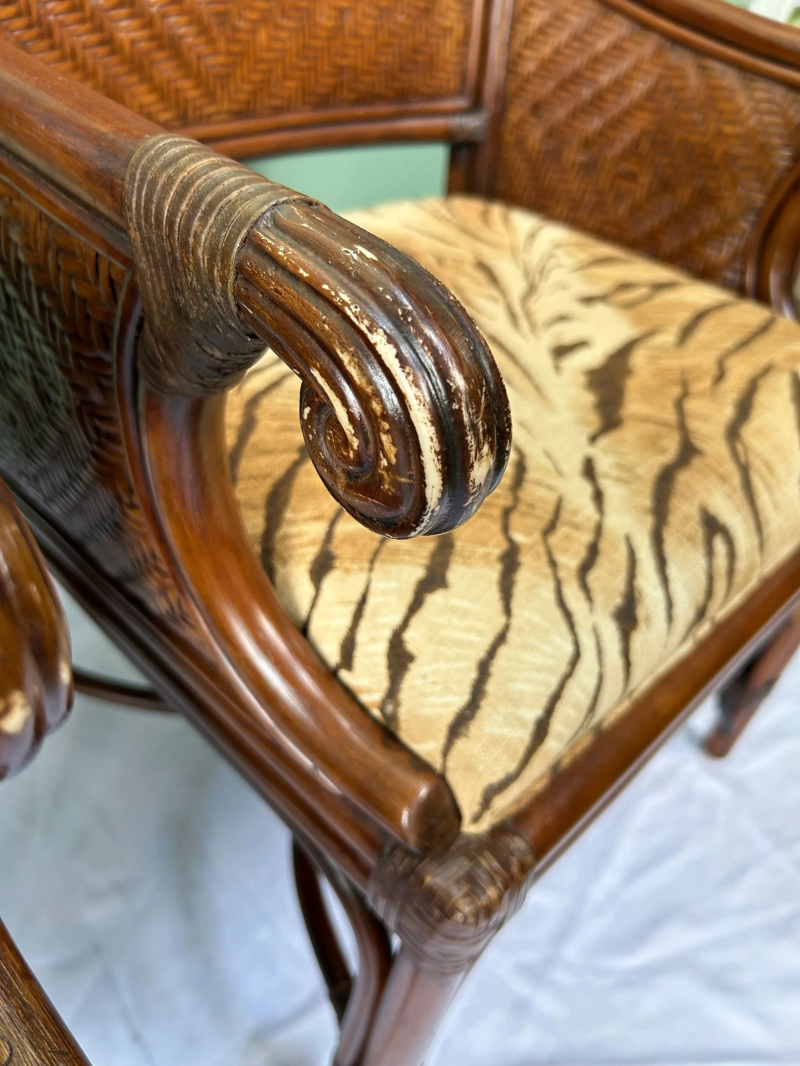 1990s Vintage Bamboo Rattan & Wicker Upholstered Arm Chairs - A Pair (1 of 12)