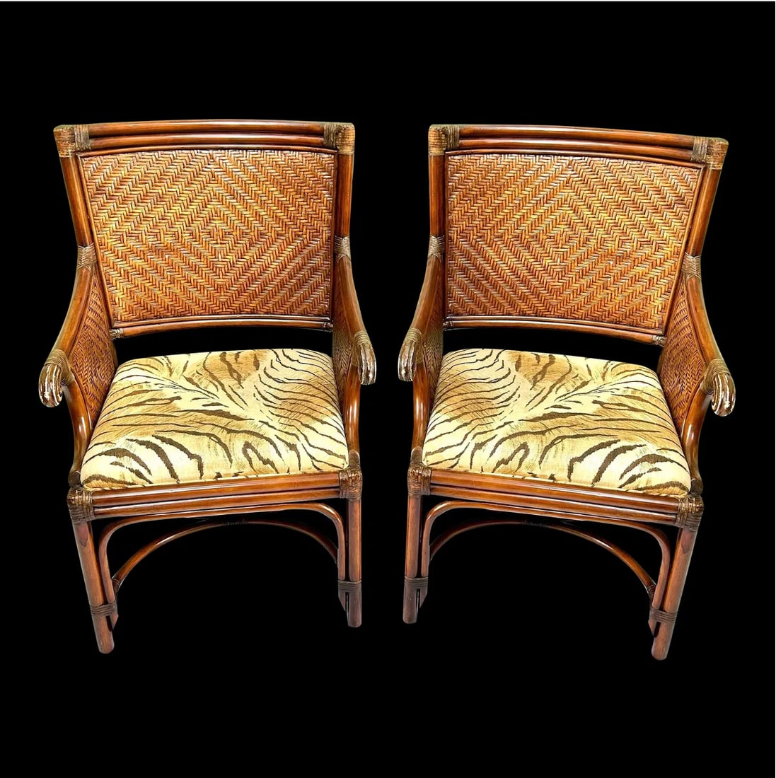 1990s Vintage Bamboo Rattan & Wicker Upholstered Arm Chairs - A Pair (1 of 13)