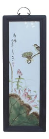 Vintage Chinese Wood Frame Porcelain Flower Birds Wall Plaque Panel