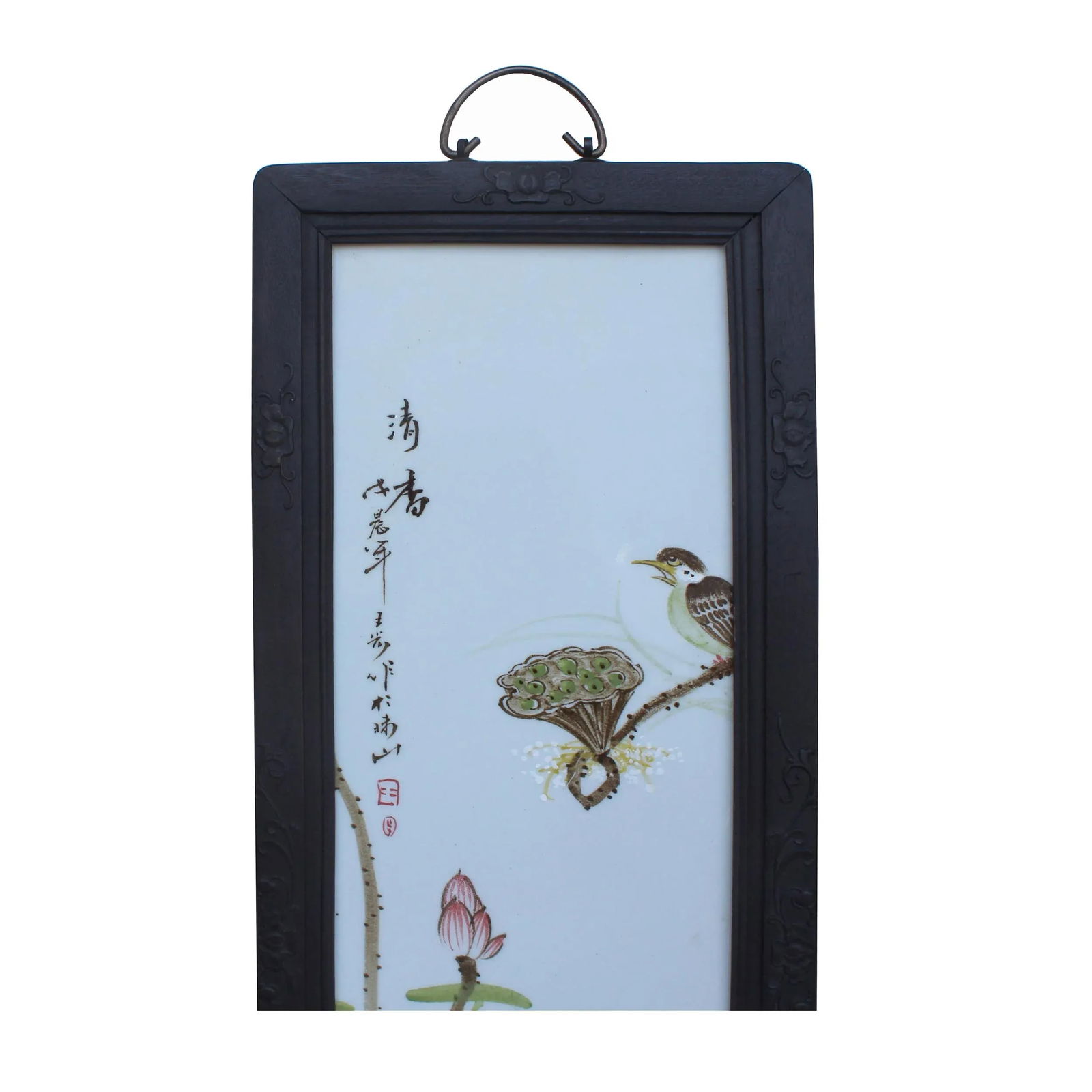 Vintage Chinese Wood Frame Porcelain Flower Birds Wall Plaque Panel - 4