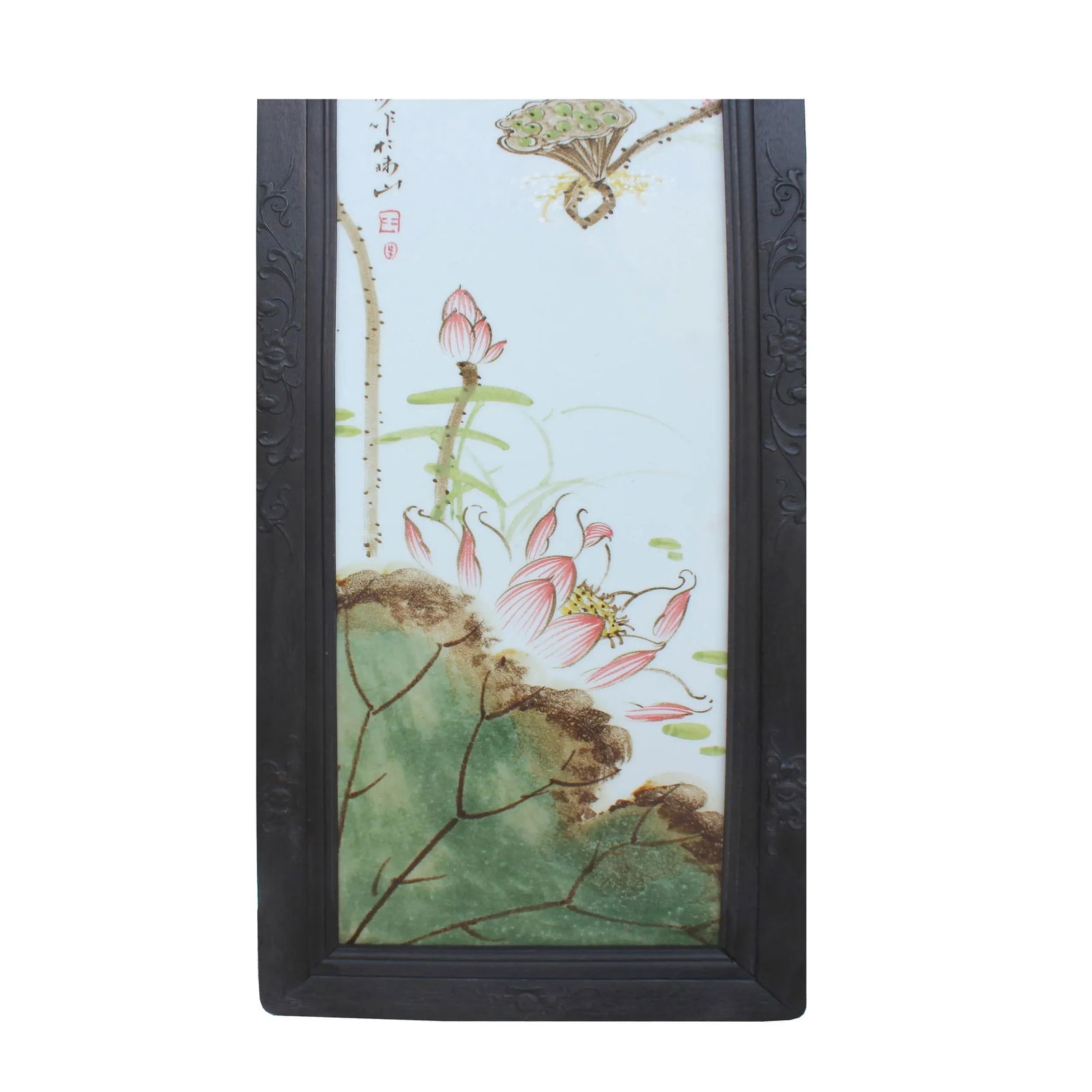 Vintage Chinese Wood Frame Porcelain Flower Birds Wall Plaque Panel - 5