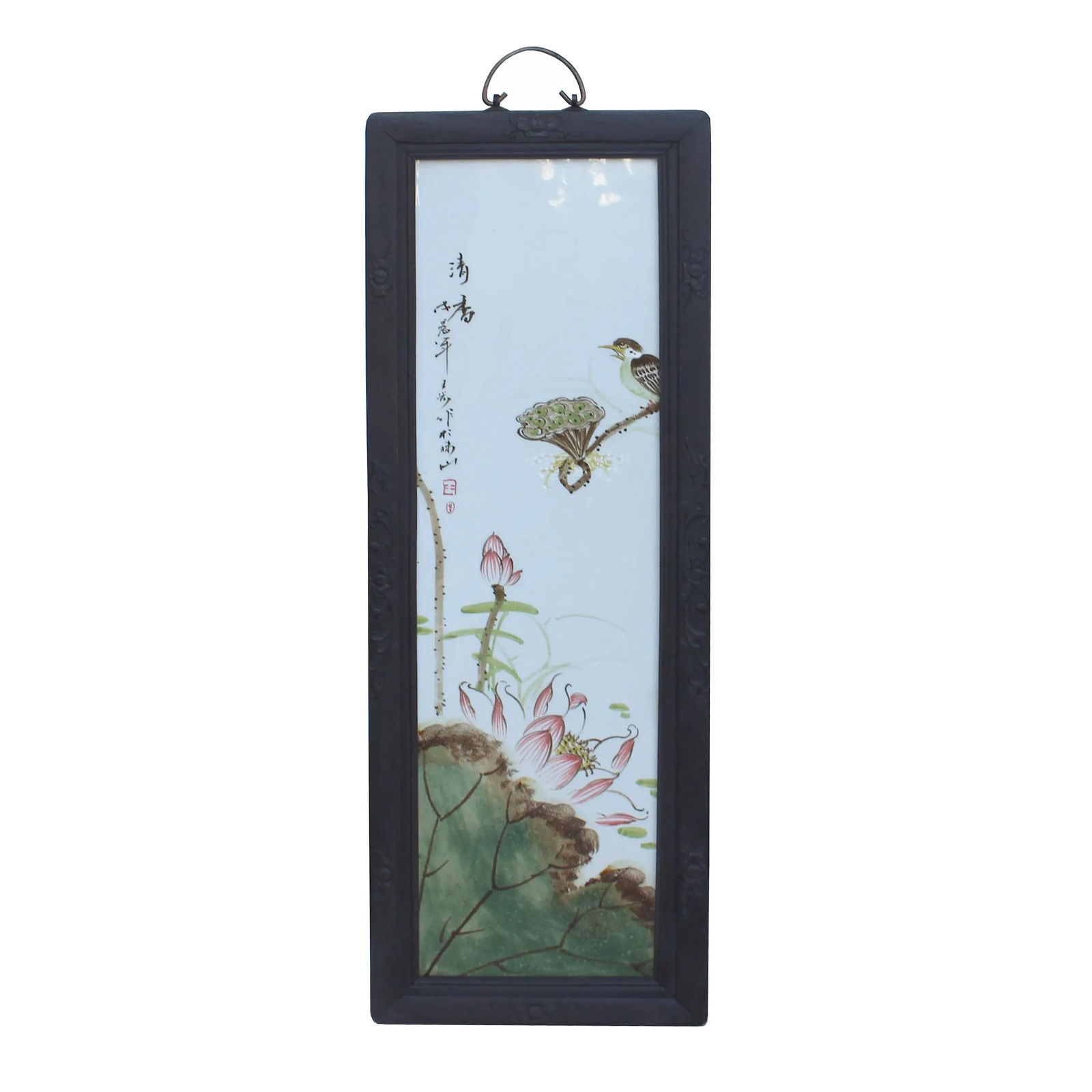 Vintage Chinese Wood Frame Porcelain Flower Birds Wall Plaque Panel - 7