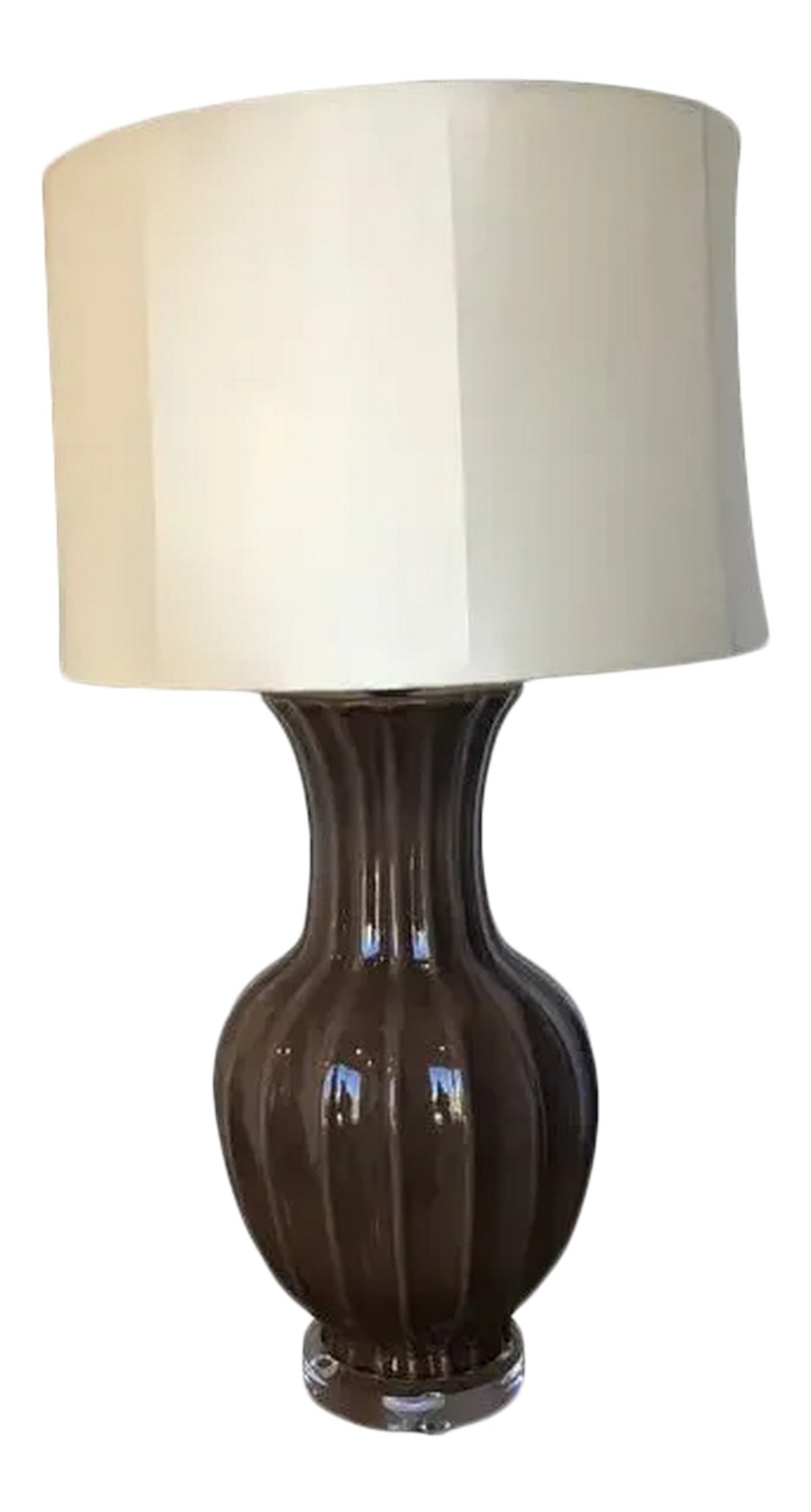 1990s Vintage Brown Ceramic Lamp: Brown ceramic lamp on acrylic base with linen shade. Manufactured in USA. Condition: Imperfections: No Imperfections Condition Notes: Excellent Condition Dimensions: Height: 33.6 in. Width: 10 in.