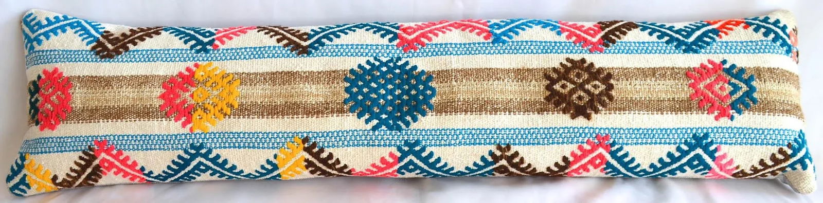 1970s Turkish Kilim Lumbar Pillow Cover Handmade Wedding Pillow 12" X 46" - 2