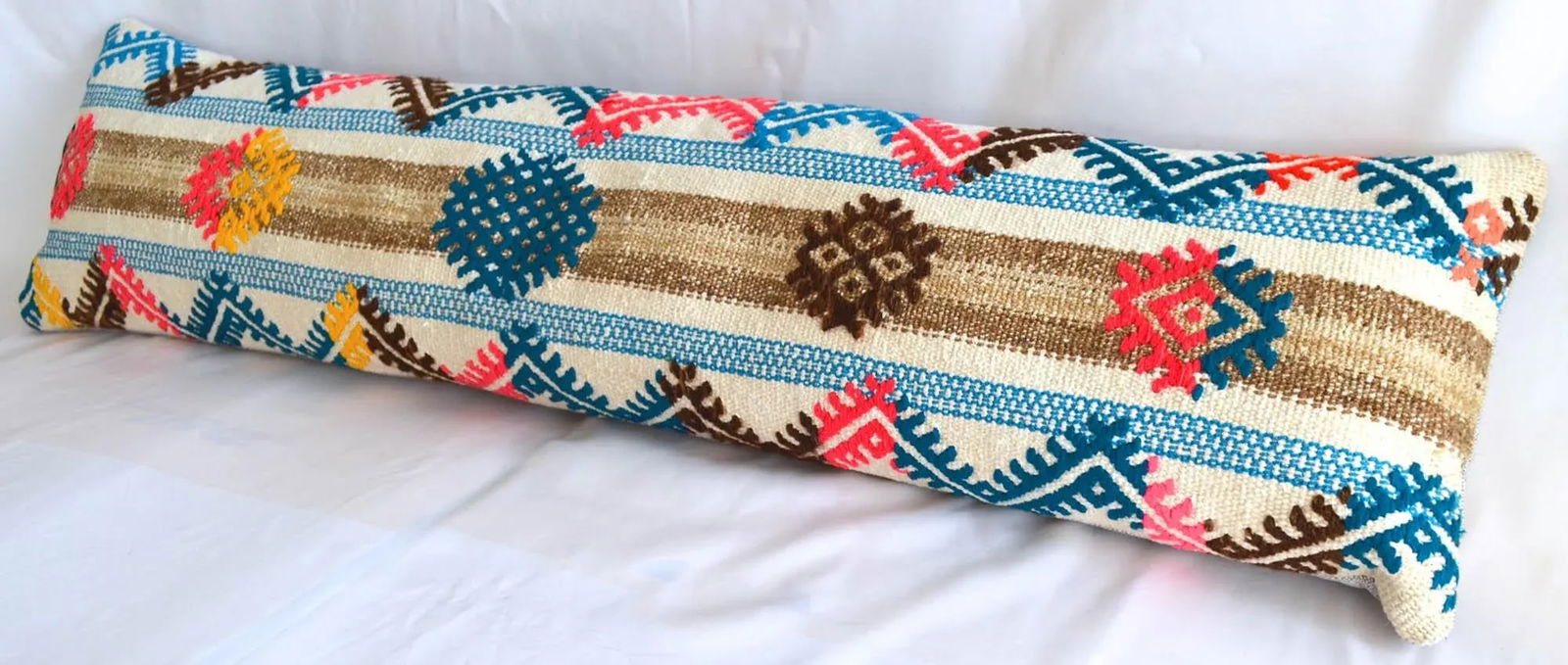 1970s Turkish Kilim Lumbar Pillow Cover Handmade Wedding Pillow 12" X 46" - 3