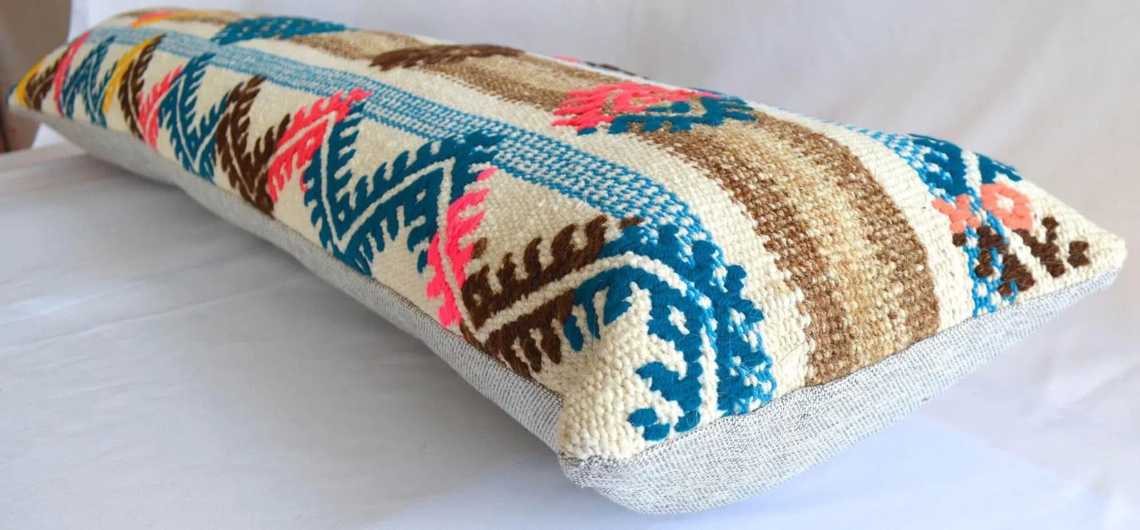 1970s Turkish Kilim Lumbar Pillow Cover Handmade Wedding Pillow 12" X 46" - 4