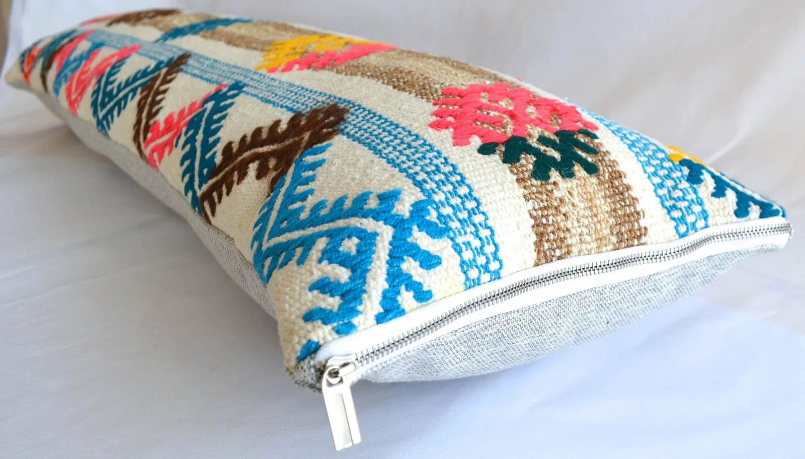 1970s Turkish Kilim Lumbar Pillow Cover Handmade Wedding Pillow 12" X 46" - 5