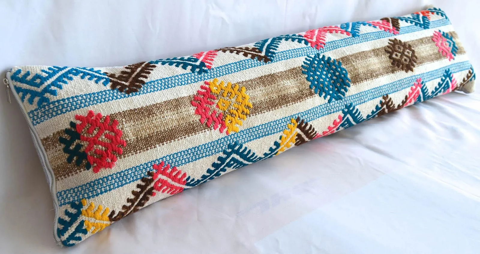1970s Turkish Kilim Lumbar Pillow Cover Handmade Wedding Pillow 12" X 46" - 8