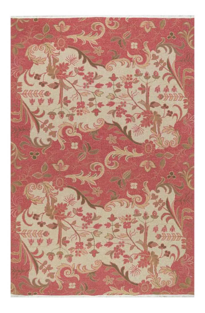 Handwoven Flatweave Chinese Area Rug 4'0"×6'0": Handwoven Chinese area rug featuring a floral motif on a coral/terracotta colored field accented in shades of ivory, olive, and salmon. Hand-woven with a wool pile on a durable cotton foundation by
