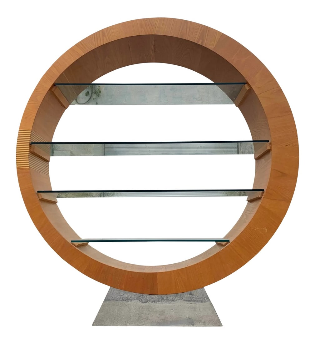 Mid Century Modern Oversized Circular Wooden Etagere Bookcase: Epic mid century modern oversized cylindrical bookshelf etagere. This amazing statement piece is bug and bold! With a unique oblong cylindrical shape, having one side thicker and the other thinner,